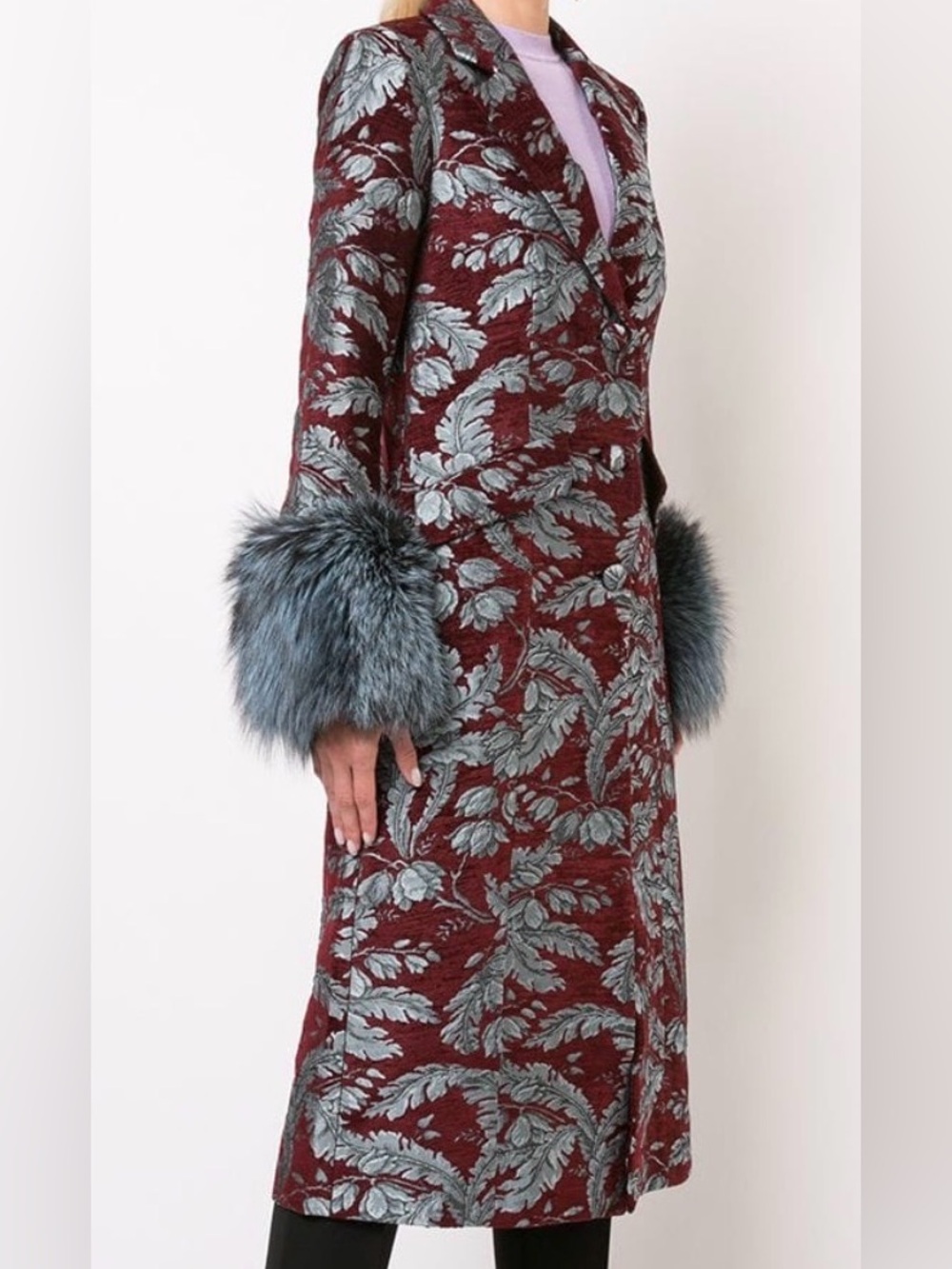 ISO!!!cinq a sept Burgundy and Silver Brocade Coat with Gray Fur Cuffs